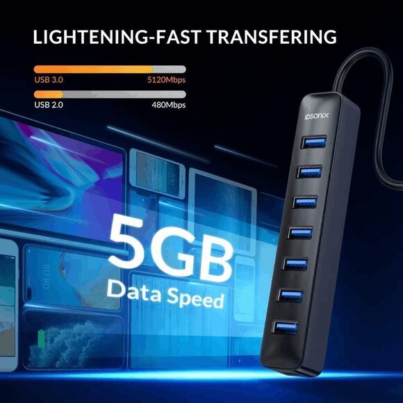 7 Ports USB Splitter Portable USB Hub for Laptop, iMac, Surface Pro, XPS, Camera - Picture 2 of 8